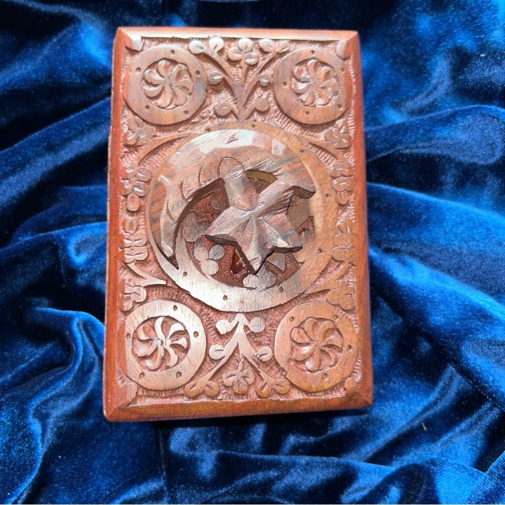 Handcarved Wooden Box with Star and Moon Relief Design